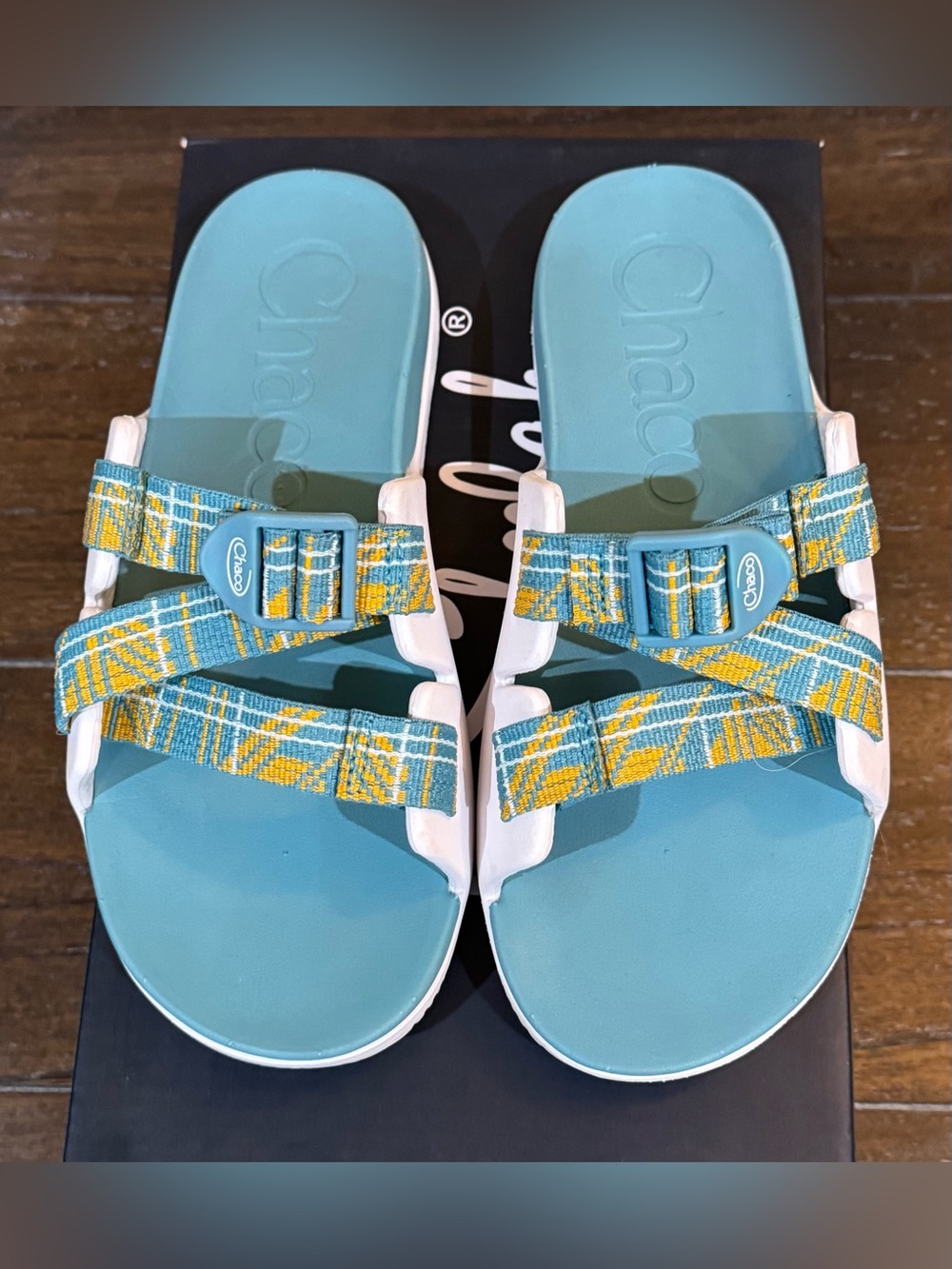 Kids Chaco Teal Slide Sandals with Yellow Patterned Webbing Size 5